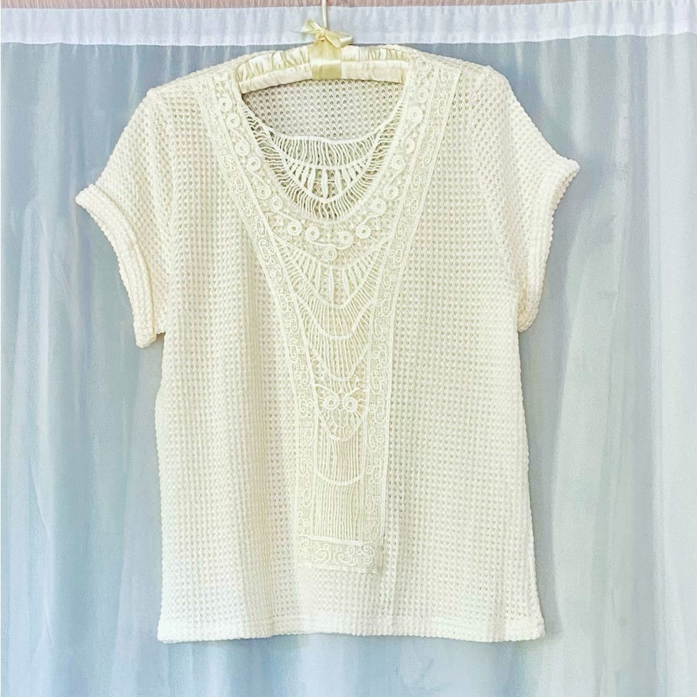 NWOT, knit/crocheted, cream, short sleeve top.